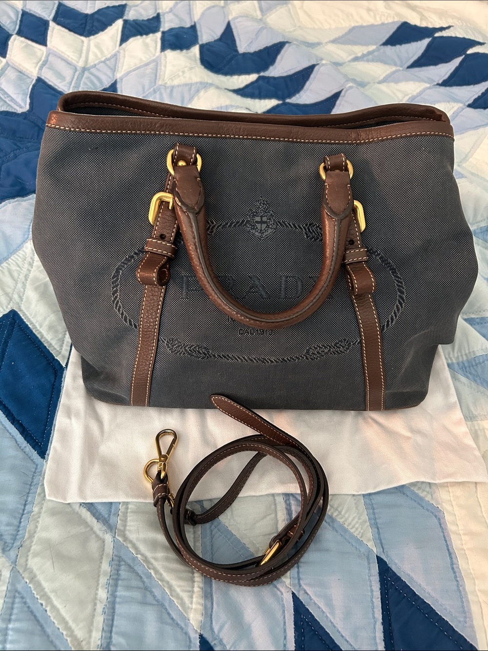 Prada Denim Jacquard Leather Strap 2- Way Bag with Removable Straps and Dust Bag